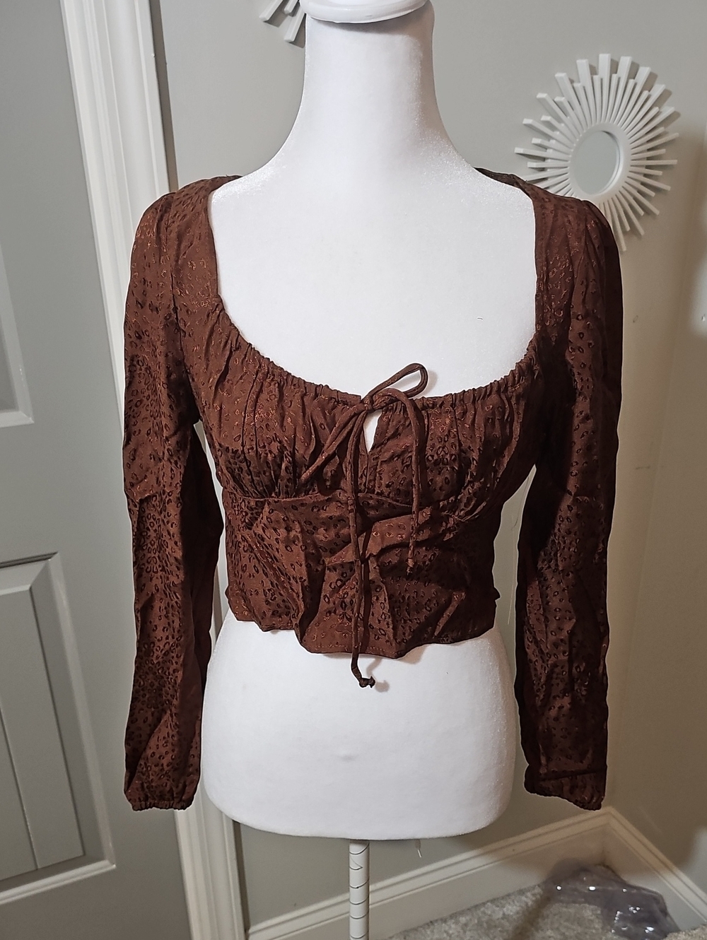 Women's Brown Eyelet Tie-Front Long-Sleeve Crop Top